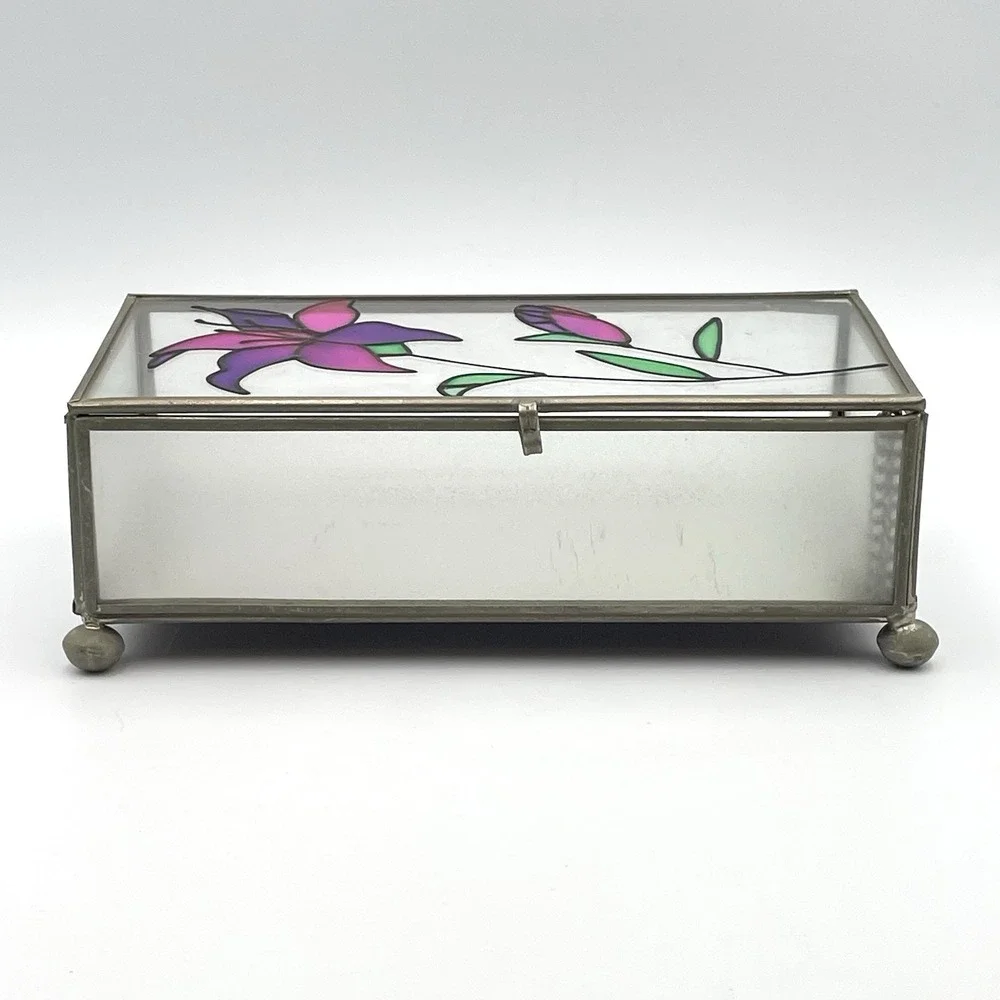 Vintage Taiwan Stained Glass Jewelry Trinket Box Frosted Glass Purple Lily
